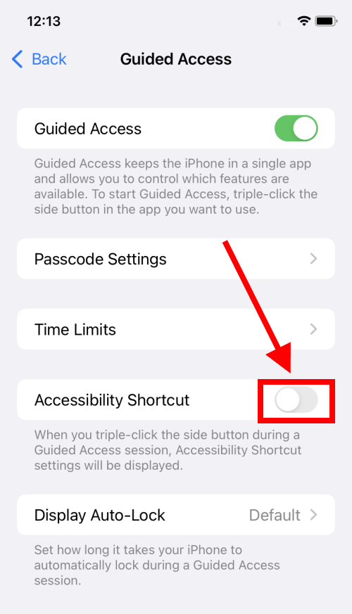 Tap the toggle switch for Accessibility Shortcut to allow its use during Guided Access